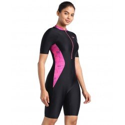 Speedo Womens Essential Panel Printed Kneesuit Swimwear - Black/Wineberry