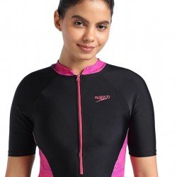 Speedo Womens Essential Panel Printed Kneesuit Swimwear - Black/Wineberry