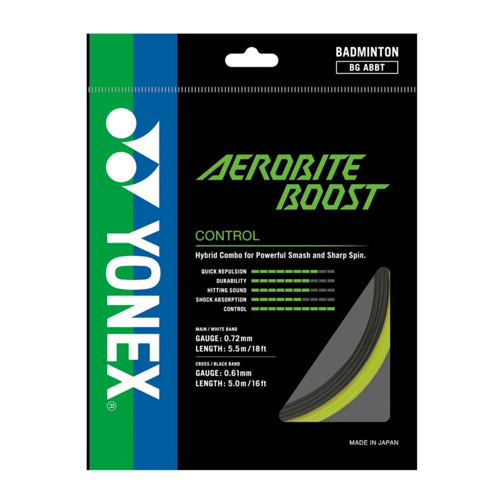 Yonex Aerobite Boost Badminton String – Hybrid 0.72mm Vectran Mains, 0.61mm Crosses (Color May Vary)
