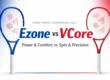 Yonex Ezone vs VCore tennis racket comparison - blue Ezone on left, red VCore on right