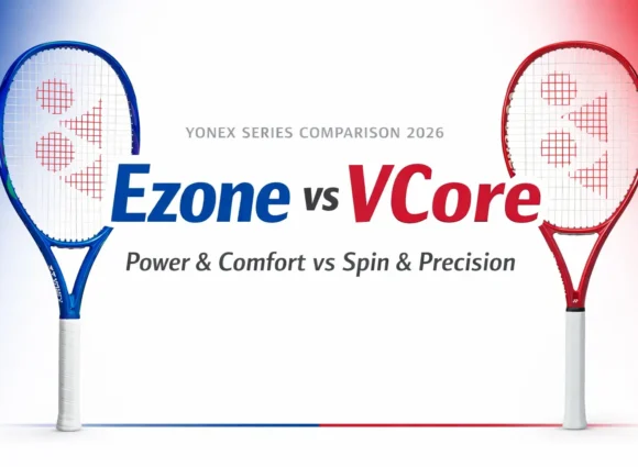 Yonex Ezone vs VCore tennis racket comparison - blue Ezone on left, red VCore on right