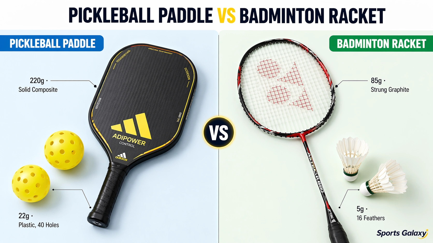 Pickleball paddle vs badminton racket comparison - 220g composite paddle vs 85g strung racket, pickleball ball vs shuttlecock for Indian players