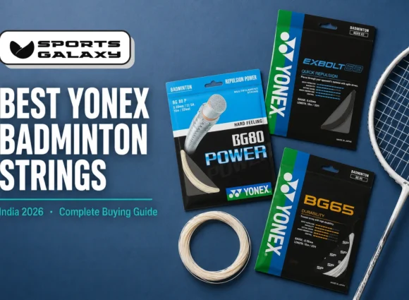 Best Yonex badminton strings 2026 - BG66 Ultimax, Nanogy 95 and Aerobite string packets with racket