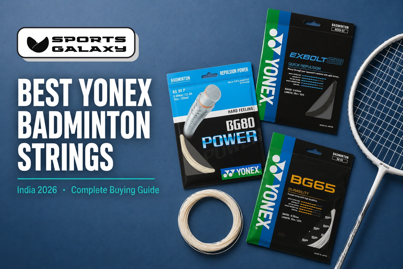 Best Yonex badminton strings 2026 - BG66 Ultimax, Nanogy 95 and Aerobite string packets with racket