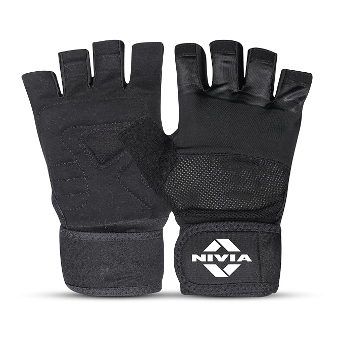 Sports Galaxy - Online Sports Store in India - Sports Galaxy - Online Sports Store in India Nivia Enduro Gym Gloves with Wrist Support for Men & Women, Leather Palm & Mesh Back for Breathability, Ideal for Weightlifting, Training,