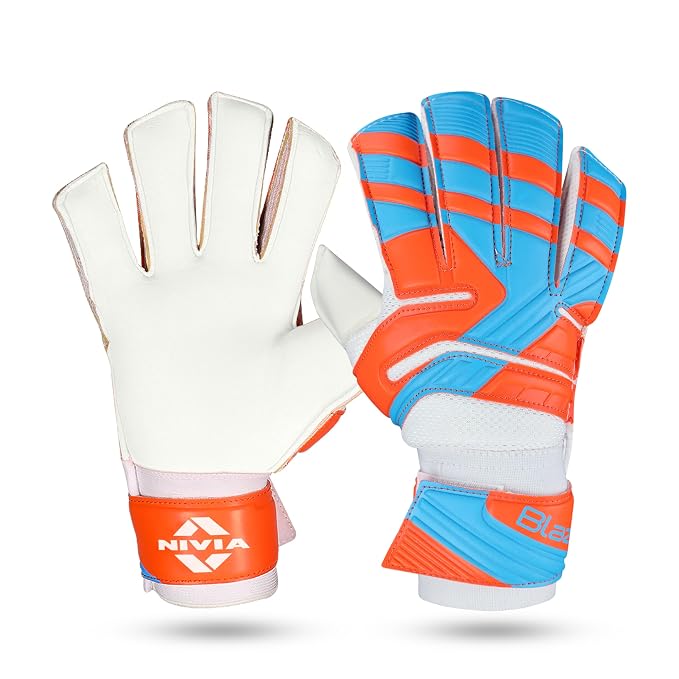 Sports Galaxy - Online Sports Store in India - Sports Galaxy - Online Sports Store in India Nivia Blaze Synthetic Goalkeeper Gloves for Men & Women, Positive Roll Hybrid Cut, Extra Grip (Orange/Blue